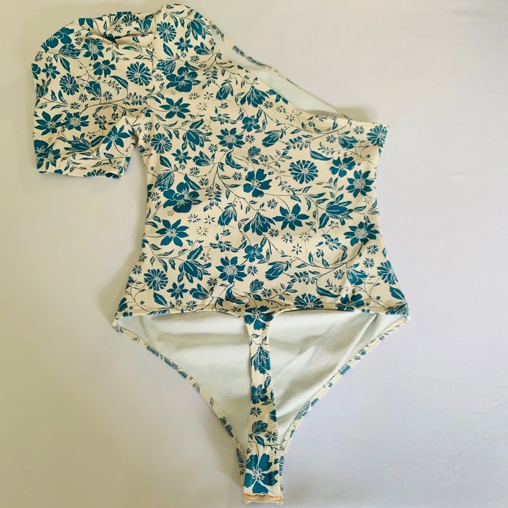 Free People Bodysuit Women S Cream Blue Floral One Shoulder Puff‎ Sleeve Boho - Picture 4 of 12